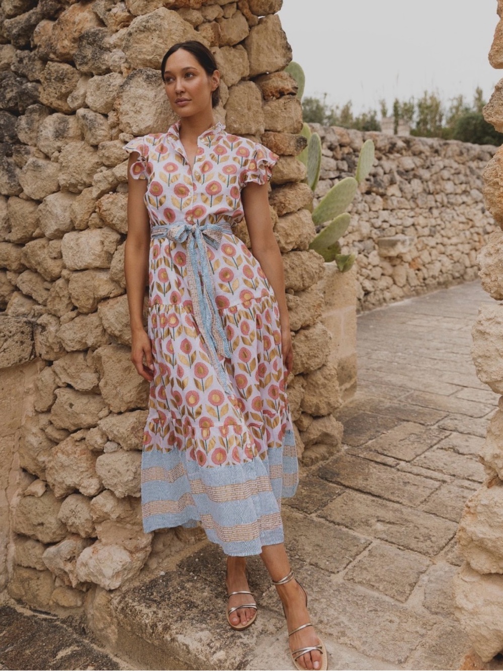 Oliphant Ruffle Collar Floral Button Front Maxi Dress Size M - Picture 2 of 8
